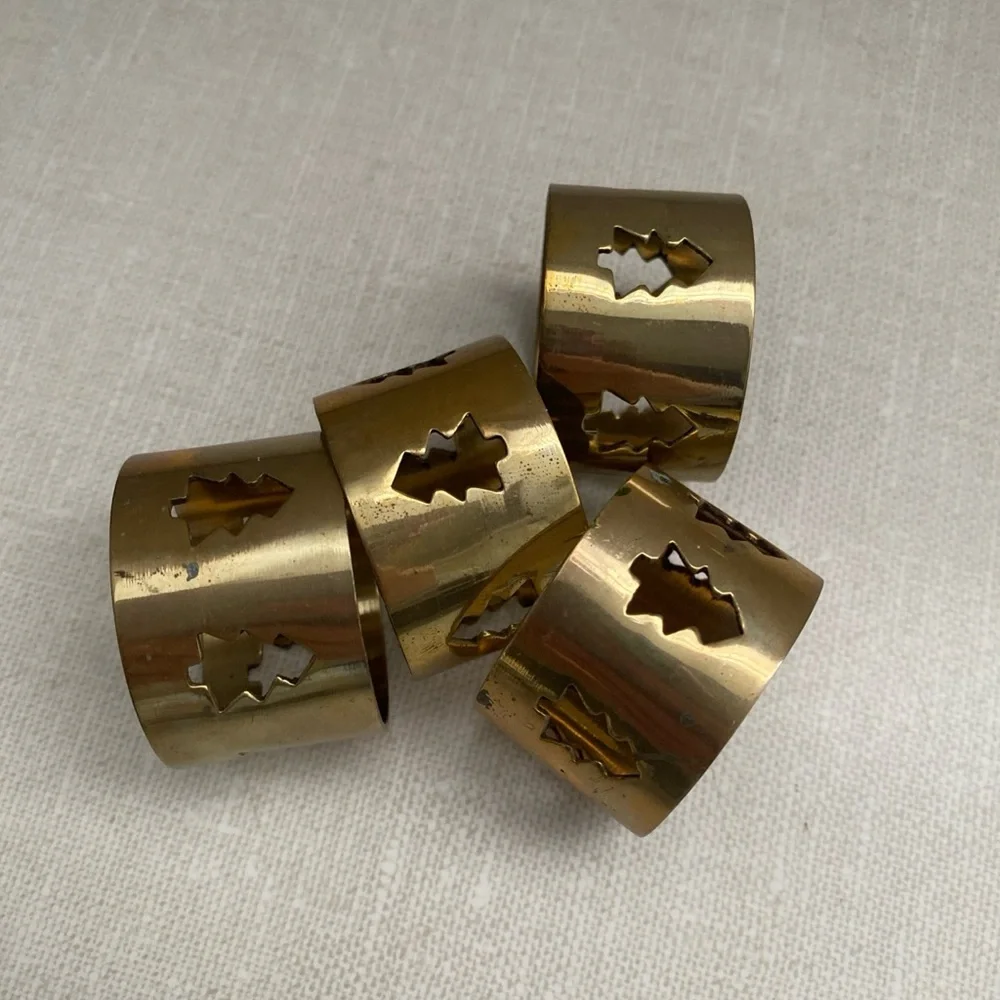 Vintage‎ Brass Laser Cut Christmas Tree Cut Out Napkin Rings Set of 4 Holiday